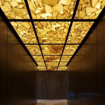 Modern ceiling with backlit alabaster ceiling panels and dark wood laminate walls