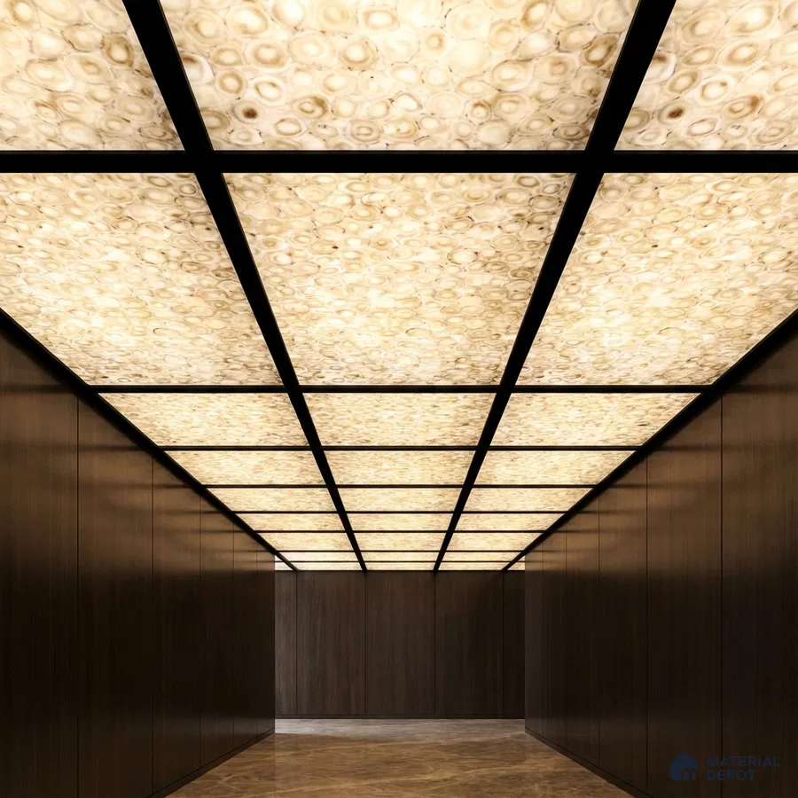 Modern ceiling with backlit alabaster ceiling panels and dark wood wall cladding