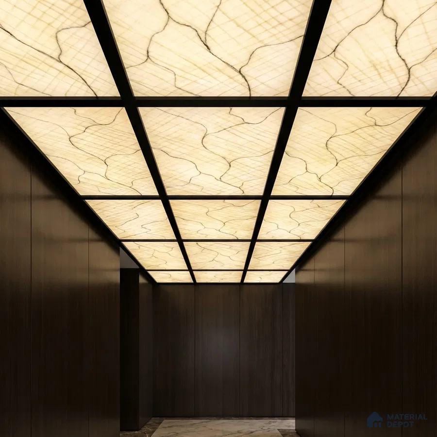 Modern ceiling with backlit alabaster ceiling panels and dark wood wall cladding