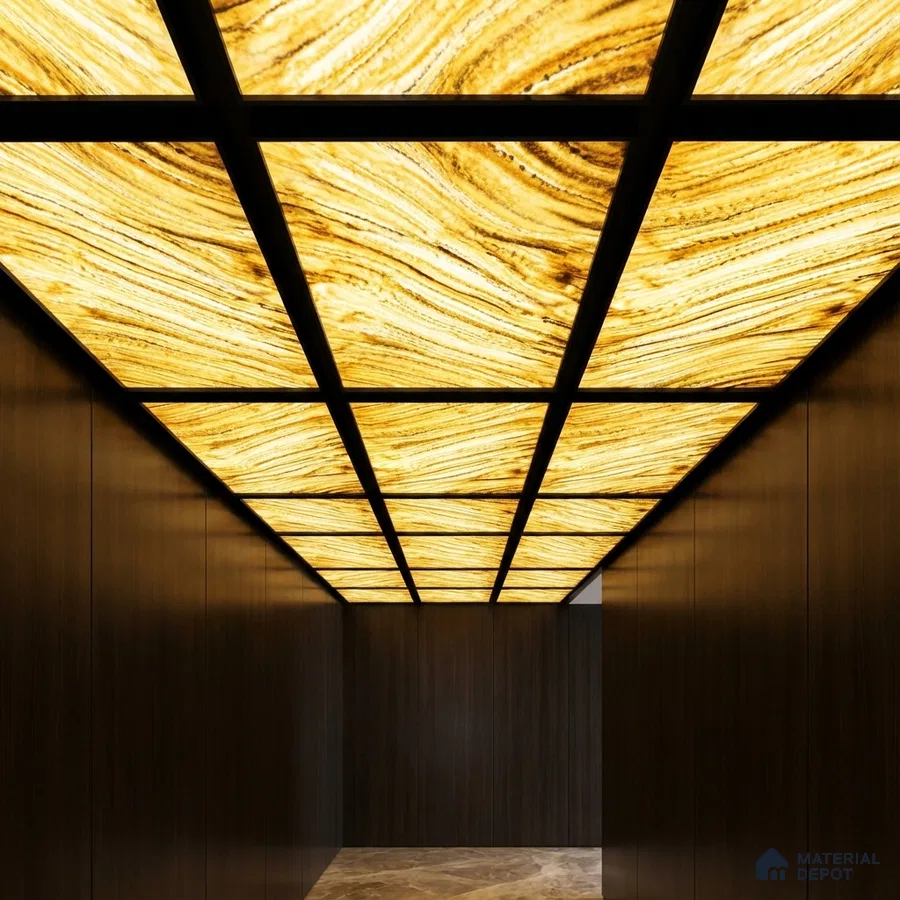 Modern ceiling with backlit alabaster ceiling panels and dark wood wall cladding