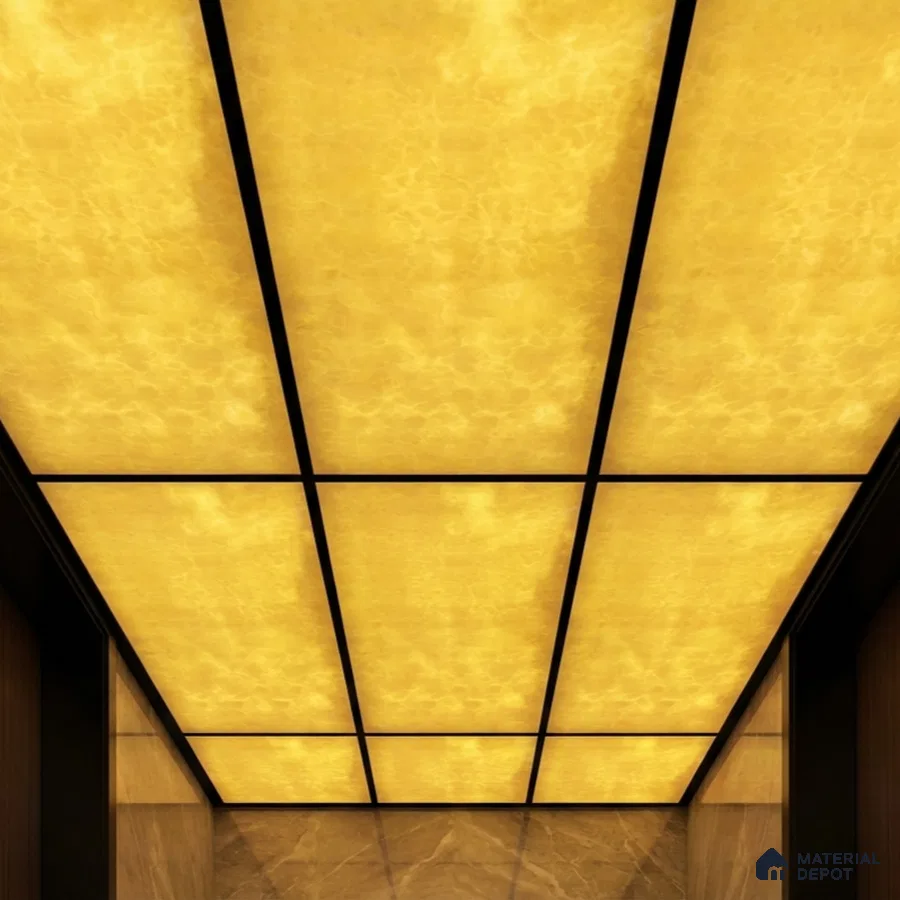 Modern ceiling with backlit alabaster ceiling panels and marble wall cladding