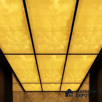 Modern ceiling with backlit alabaster ceiling panels and marble wall cladding