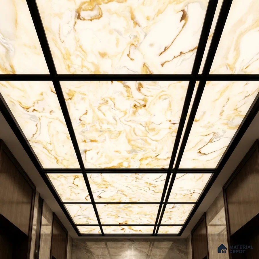Modern ceiling with backlit alabaster ceiling panels and marble wall cladding