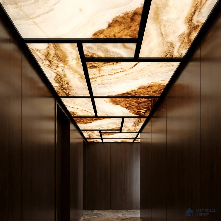 Modern ceiling with backlit alabaster ceiling panels and walnut brown wood laminate walls