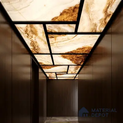 Modern ceiling with backlit alabaster ceiling panels and walnut brown wood laminate walls