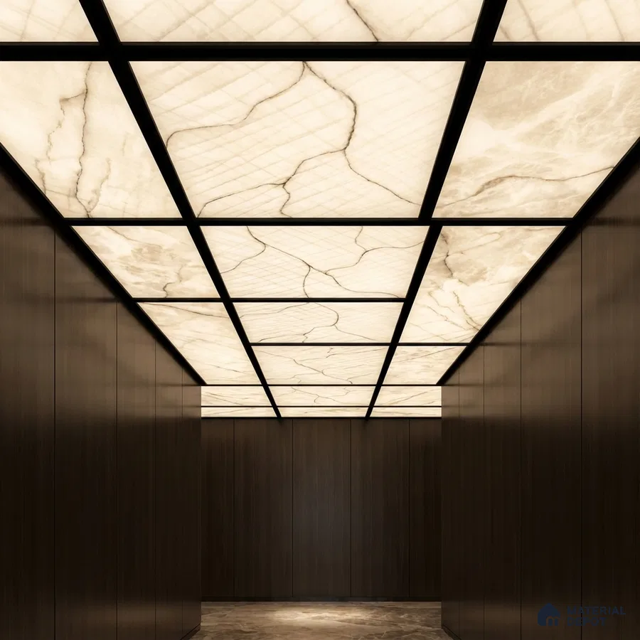Modern ceiling with backlit alabaster ceiling panels and walnut brown wood laminate walls