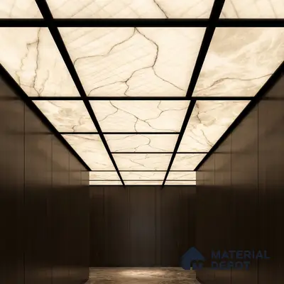 Modern ceiling with backlit alabaster ceiling panels and walnut brown wood laminate walls