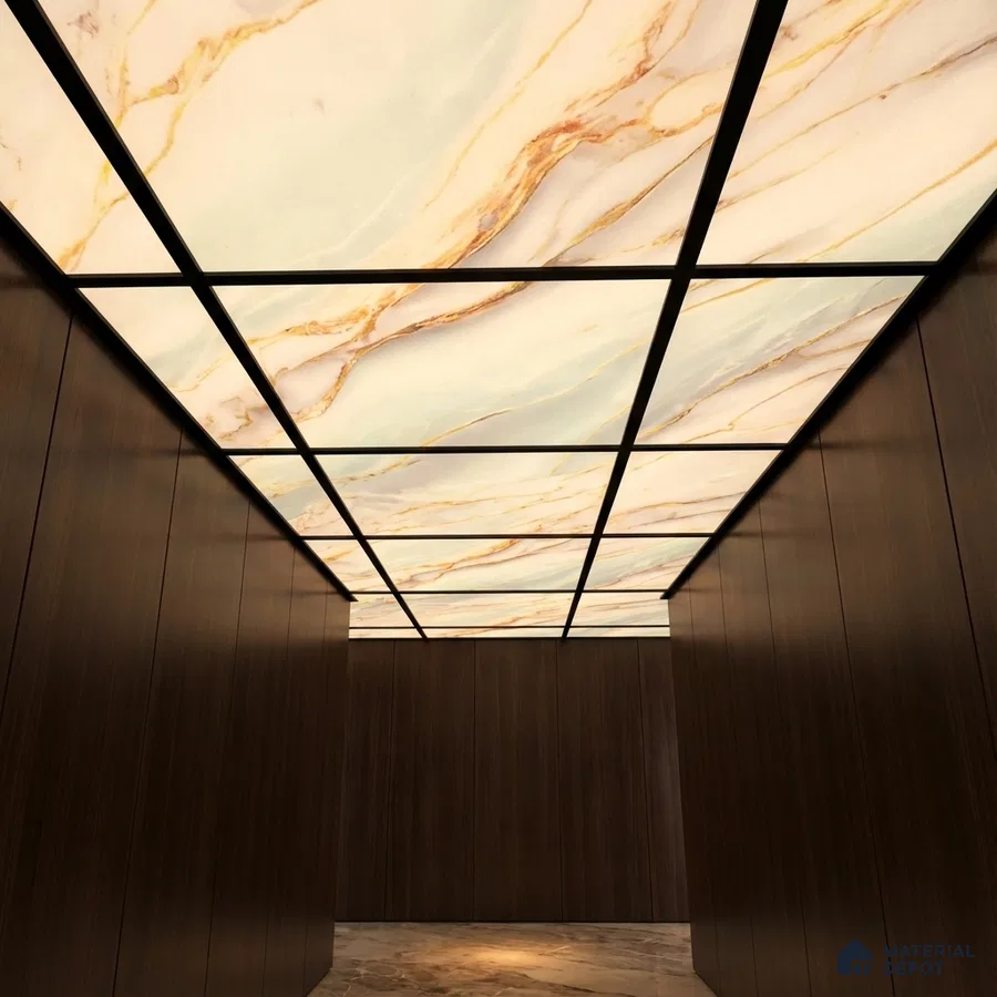 Modern ceiling with backlit alabaster ceiling panels and walnut brown wood laminate walls