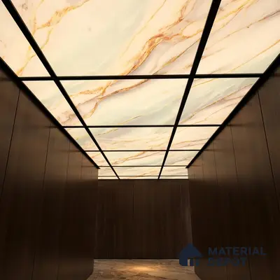 Modern ceiling with backlit alabaster ceiling panels and walnut brown wood laminate walls