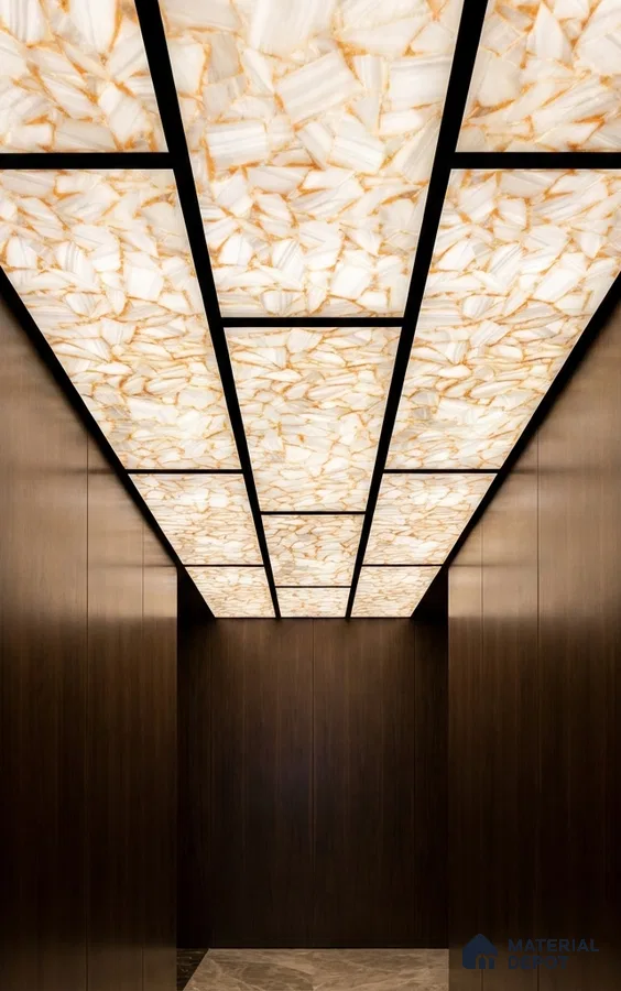 Modern ceiling with backlit alabaster ceiling panels and walnut brown wood laminate walls