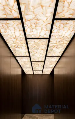 Modern ceiling with backlit alabaster ceiling panels and walnut brown wood laminate walls