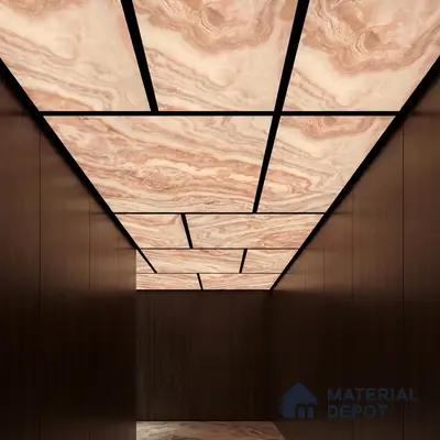Modern ceiling with backlit alabaster ceiling panels and walnut brown wood laminate walls