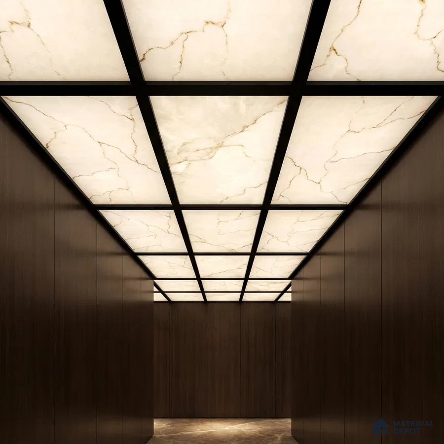 Modern ceiling with backlit alabaster ceiling panels and walnut brown wood laminate walls