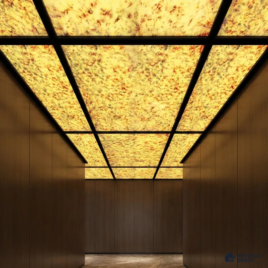 Modern ceiling with backlit alabaster ceiling panels and walnut brown wood wall cladding