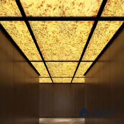 Modern ceiling with backlit alabaster ceiling panels and walnut brown wood wall cladding