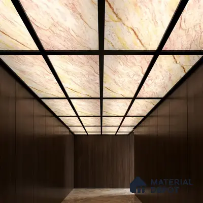 Modern ceiling with backlit alabaster ceiling panels and walnut brown wood wall panels