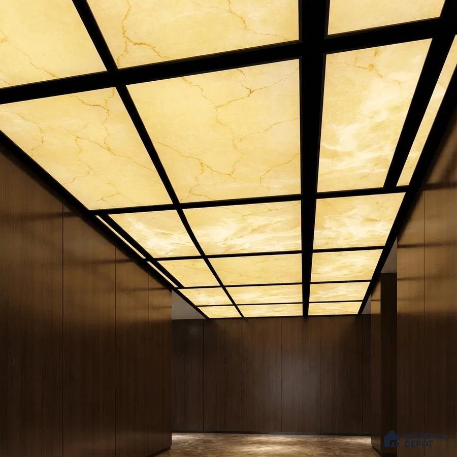 Modern ceiling with backlit alabaster ceiling panels and walnut wood laminate walls