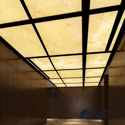 Modern ceiling with backlit alabaster ceiling panels and walnut wood laminate walls