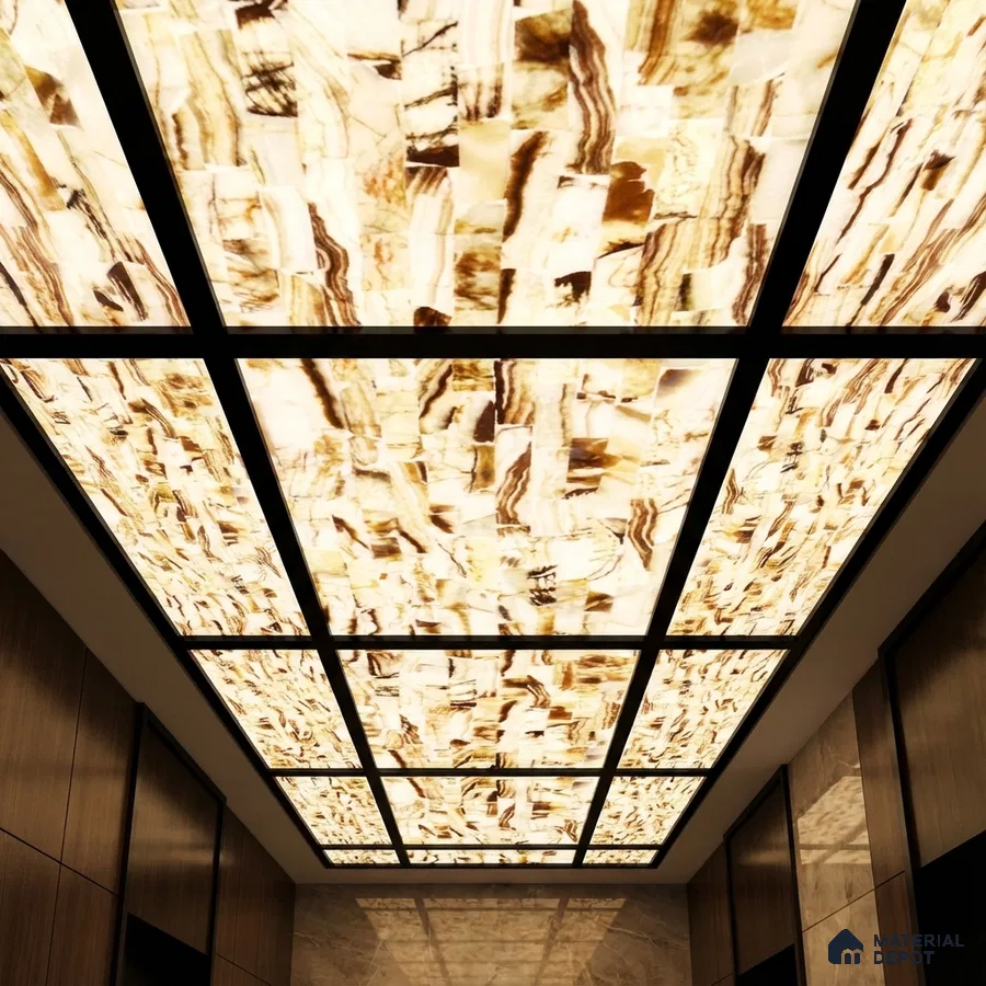 Modern ceiling with backlit alabaster ceiling panels and walnut wood wall cladding