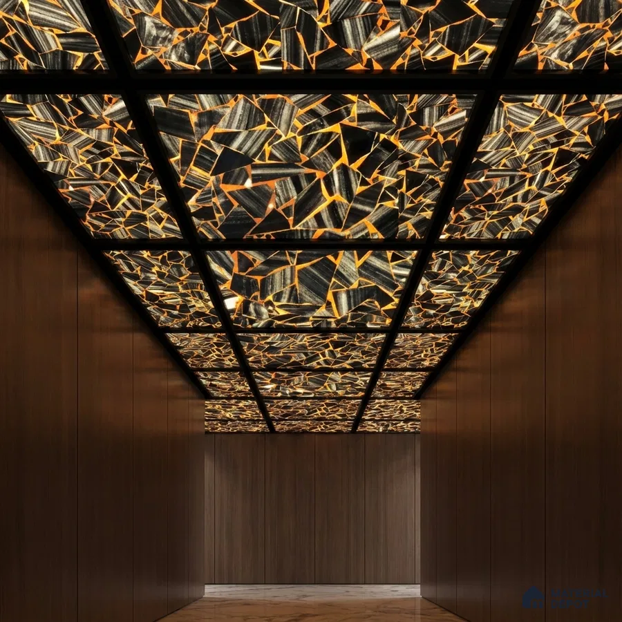 Modern ceiling with backlit alabaster ceiling panels and walnut wood wall cladding