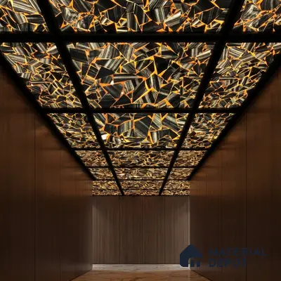 Modern ceiling with backlit alabaster ceiling panels and walnut wood wall cladding