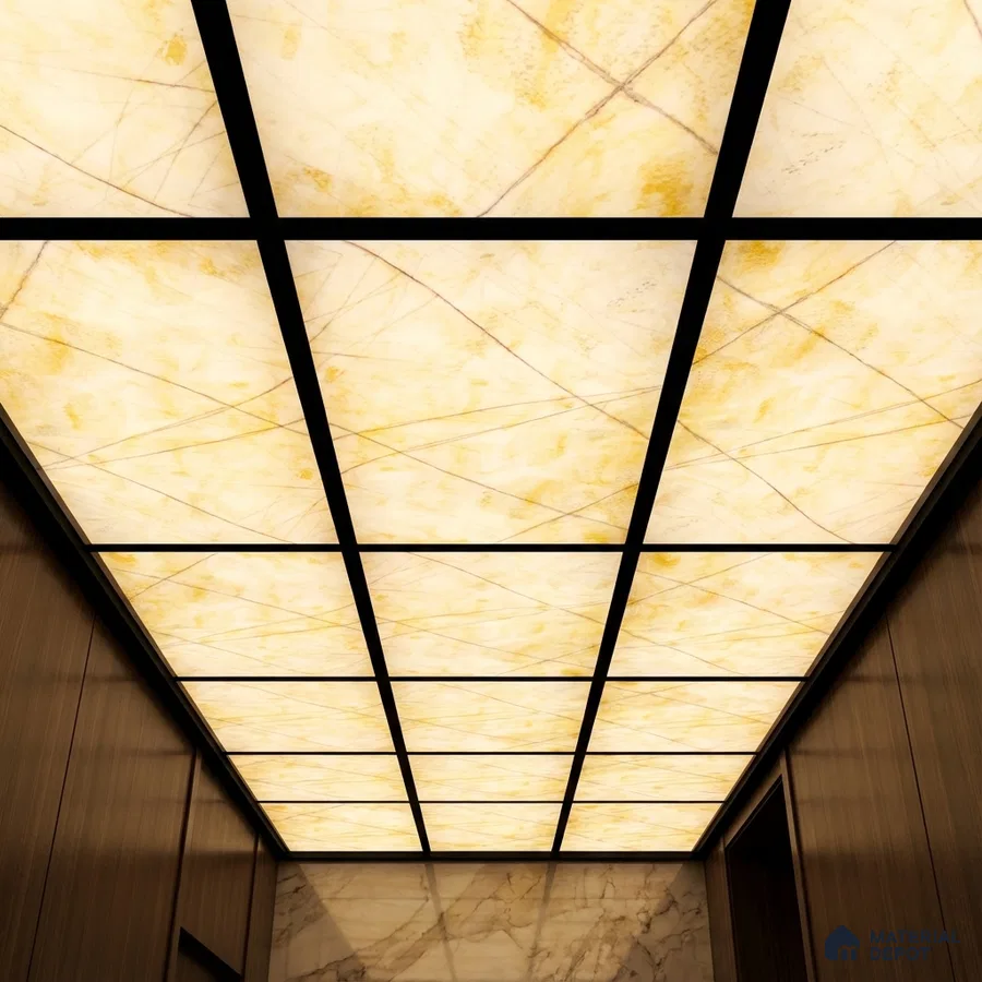 Modern ceiling with backlit alabaster ceiling panels and walnut wood wall cladding