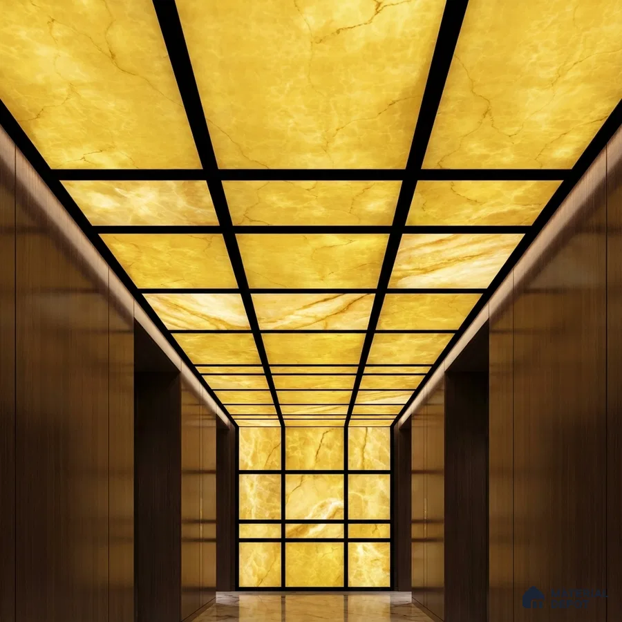 Modern ceiling with backlit alabaster ceiling panels and walnut wood wall cladding