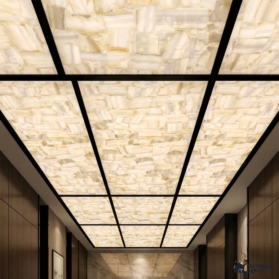 Modern ceiling with backlit alabaster ceiling panels and walnut wood wall cladding