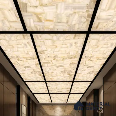 Modern ceiling with backlit alabaster ceiling panels and walnut wood wall cladding