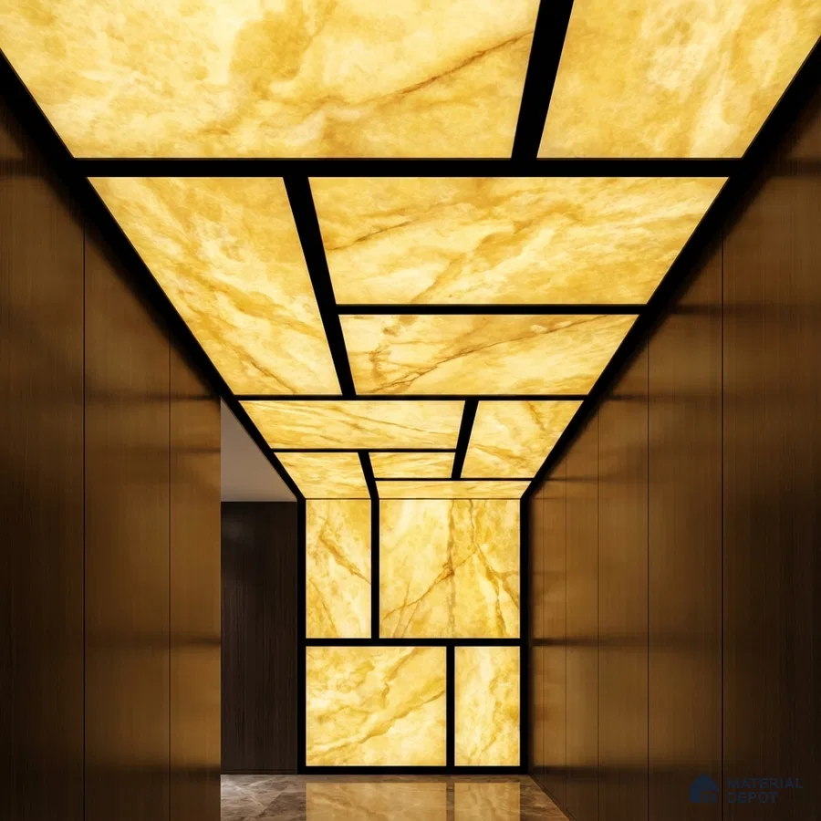 Modern ceiling with backlit alabaster ceiling panels and walnut wood wall cladding