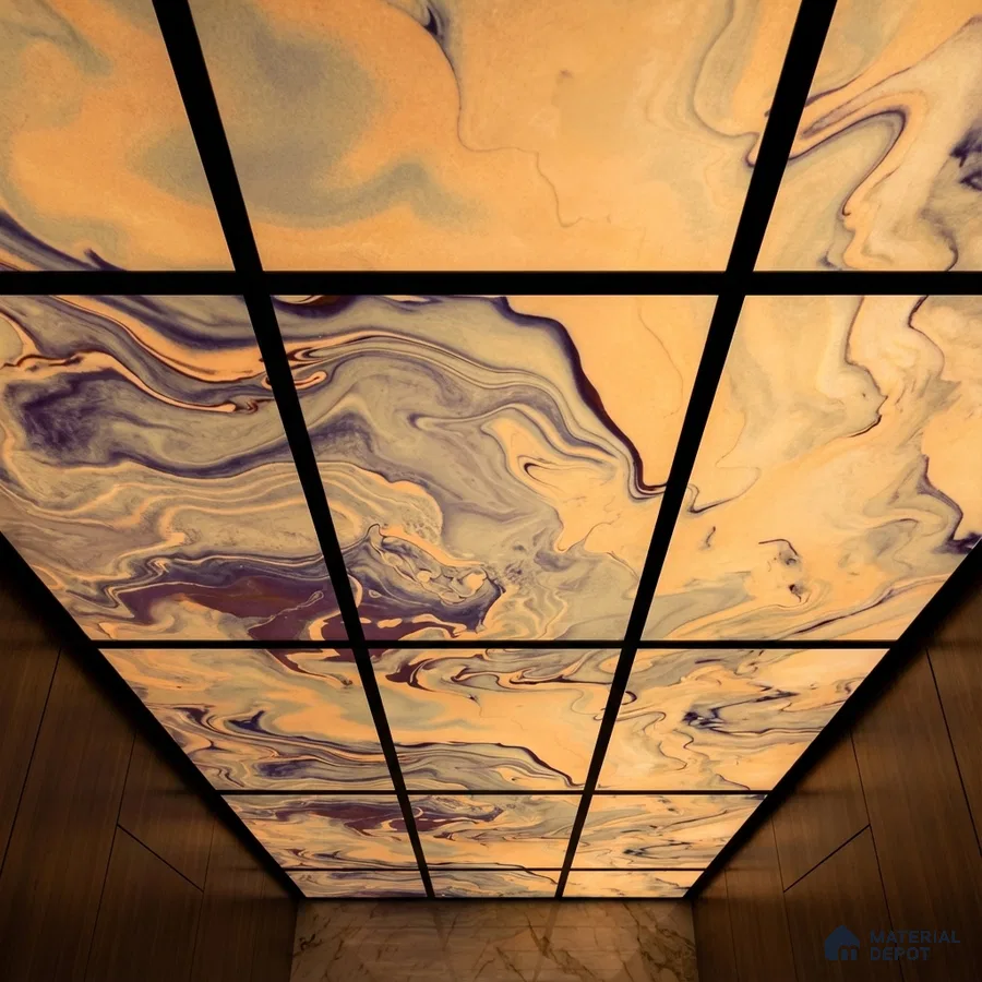 Modern ceiling with backlit alabaster ceiling panels and wood laminate wall cladding