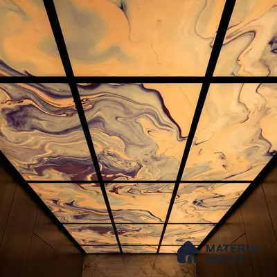 Modern ceiling with backlit alabaster ceiling panels and wood laminate wall cladding