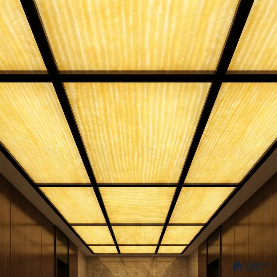 Modern ceiling with backlit alabaster ceiling panels and wood wall cladding