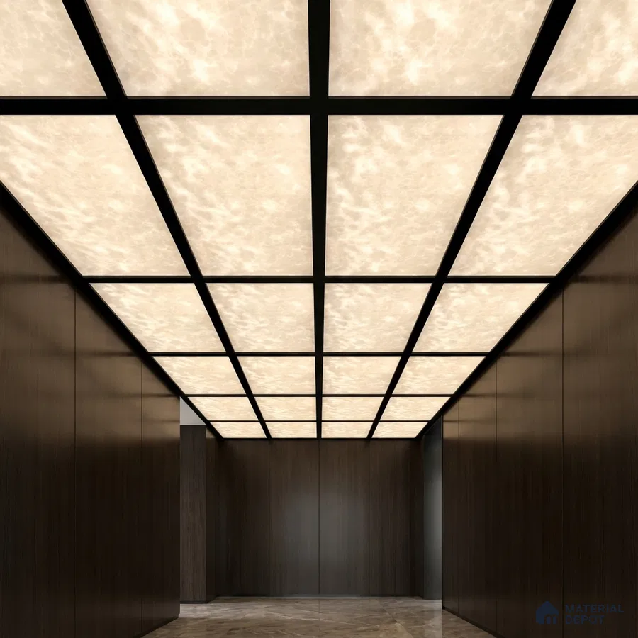 Modern ceiling with backlit alabaster ceiling panels, dark wood laminate walls, and marble floor
