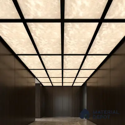 Modern ceiling with backlit alabaster ceiling panels, dark wood laminate walls, and marble floor