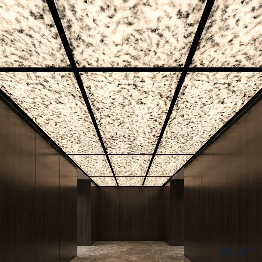 Modern ceiling with backlit alabaster ceiling panels, dark wood wall panels, and marble floor tiles