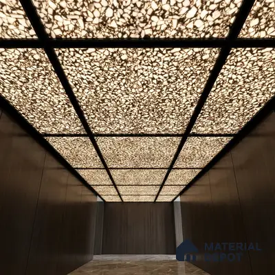 Modern ceiling with backlit alabaster ceiling panels, dark wood wall panels, and marble flooring