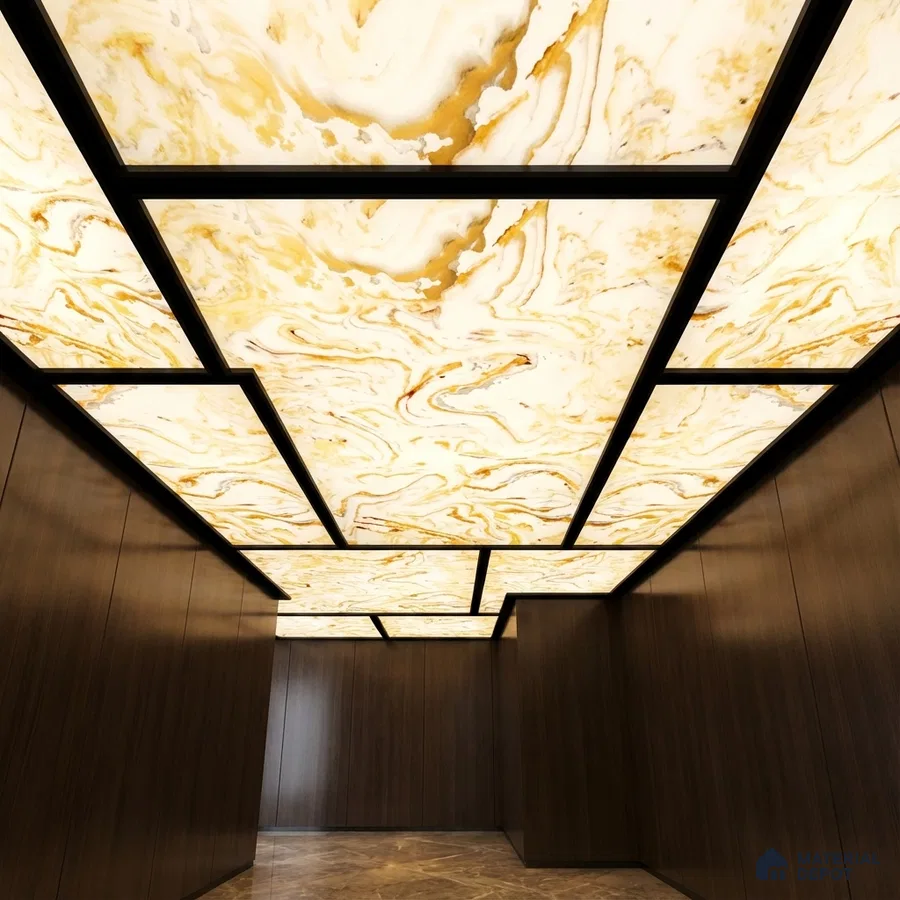 Modern ceiling with backlit alabaster ceiling panels, walnut wood wall panels, and marble floor tile