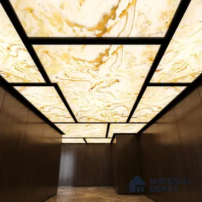 Modern ceiling with backlit alabaster ceiling panels, walnut wood wall panels, and marble floor tile
