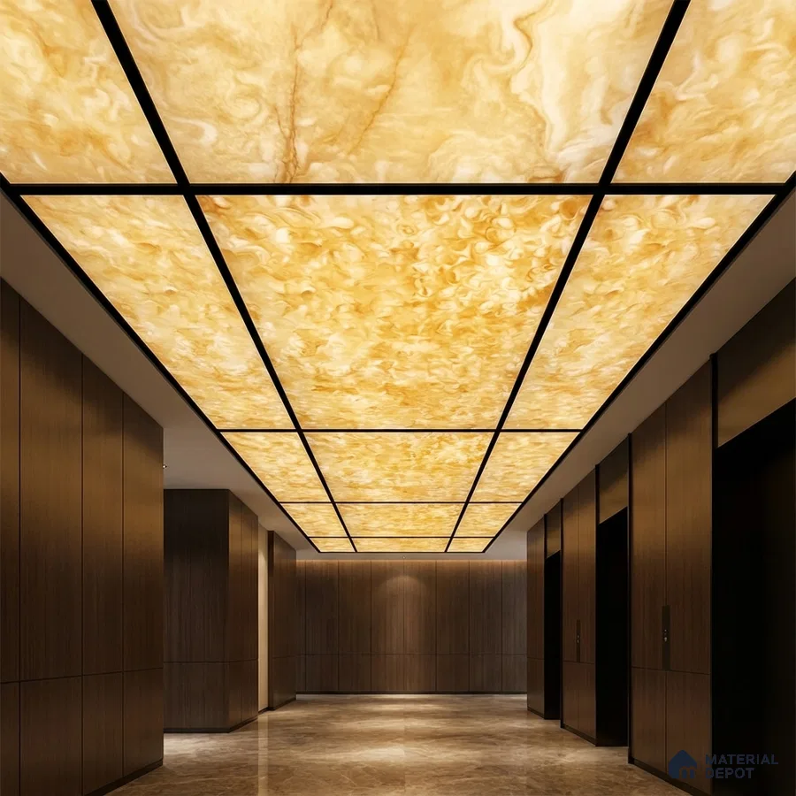 Modern ceiling with backlit alabaster ceiling panels, walnut wood wall panels, and marble floor tiles