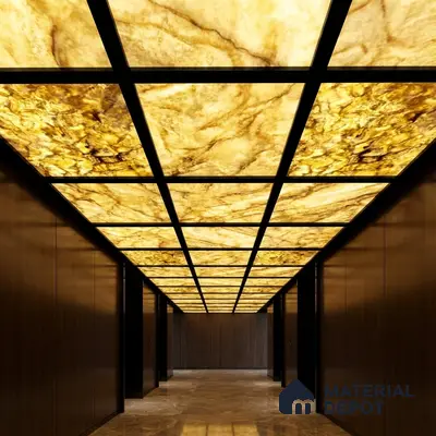 Modern ceiling with backlit alabaster ceiling panels, walnut wood wall panels, and marble floor tiles