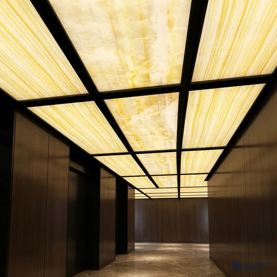 Modern ceiling with backlit alabaster ceiling panels, walnut wood wall panels, and marble floor tiles