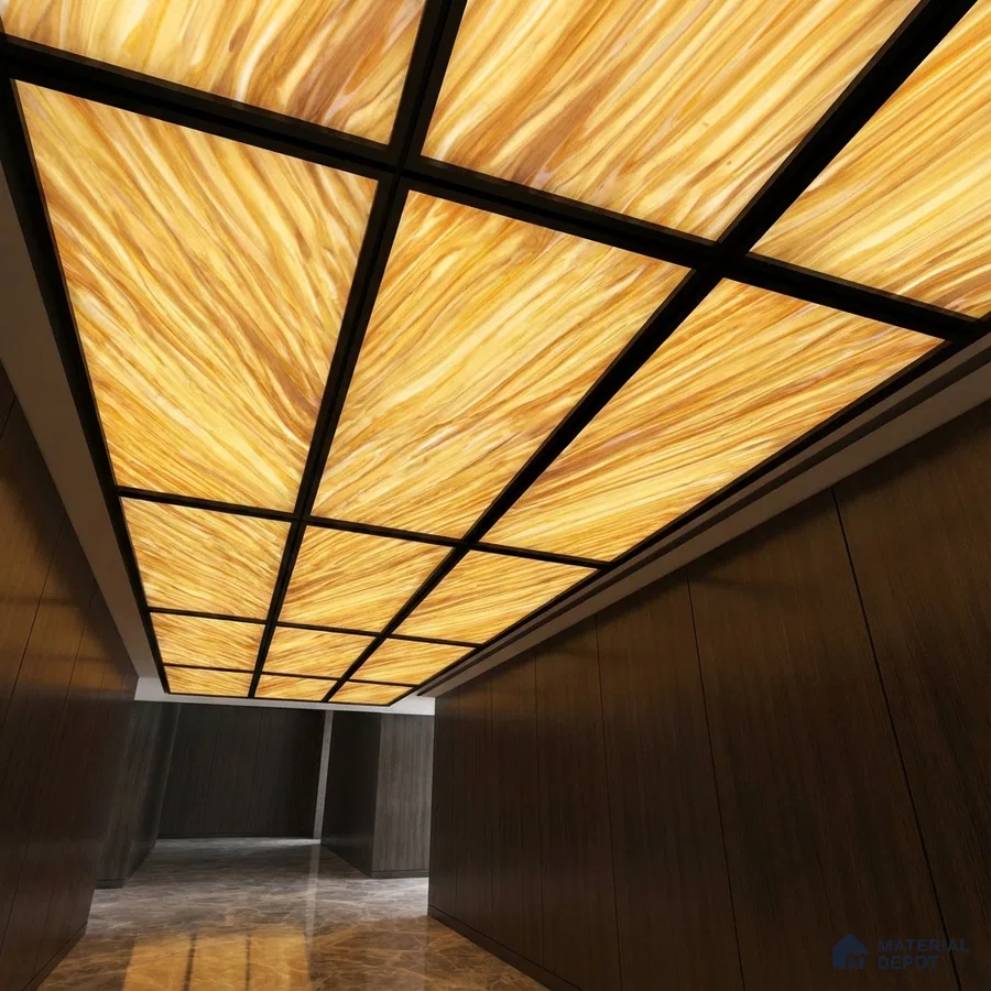 Modern ceiling with backlit alabaster ceiling panels, walnut wood wall panels, and marble floor tiles