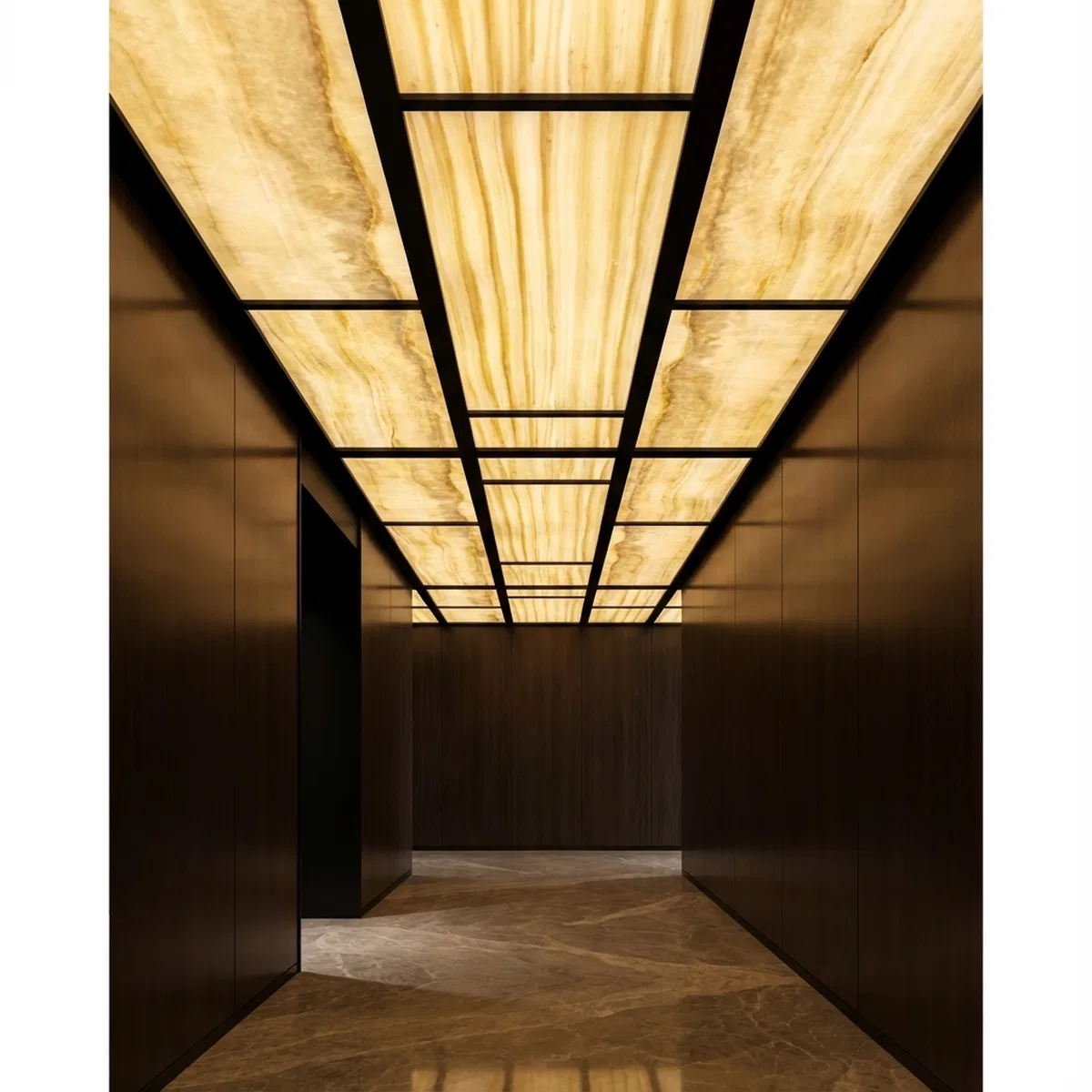 Modern ceiling with backlit alabaster ceiling, walnut brown wall panels ...