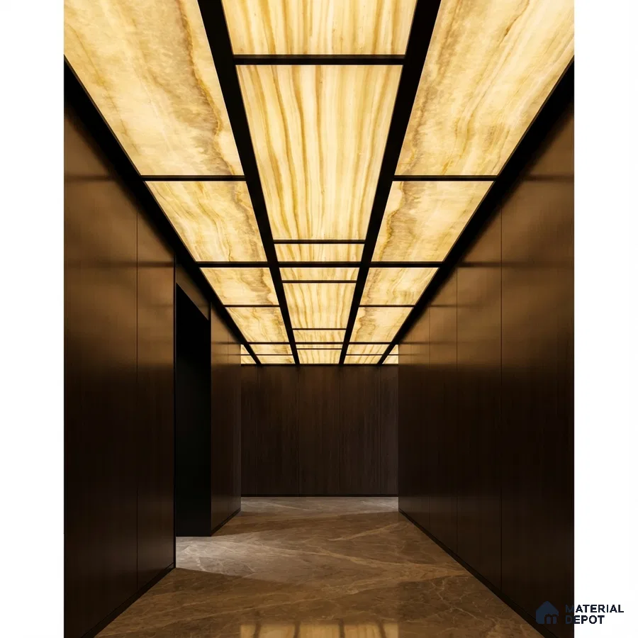 Modern ceiling with backlit alabaster ceiling, walnut brown wall panels, and marble floor tiles