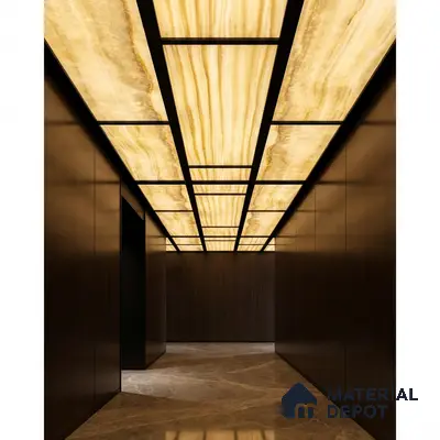 Modern ceiling with backlit alabaster ceiling, walnut brown wall panels, and marble floor tiles
