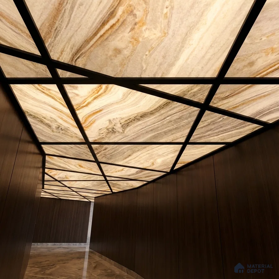 Modern ceiling with backlit alabaster ceiling, walnut wood wall panels, and marble floor