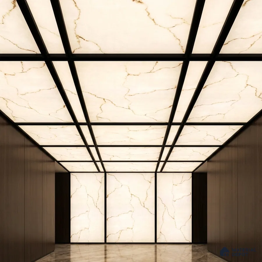 Modern ceiling with backlit alabaster panels, marble flooring, and dark wood wall cladding