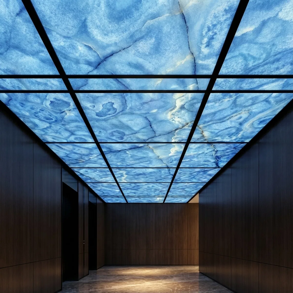 Modern ceiling with backlit blue alabaster ceiling and walnut wood wall ...