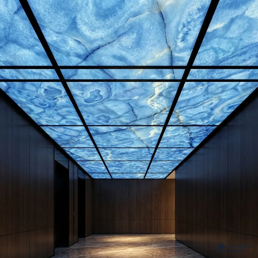 Modern ceiling with backlit blue alabaster ceiling and walnut wood wall panels